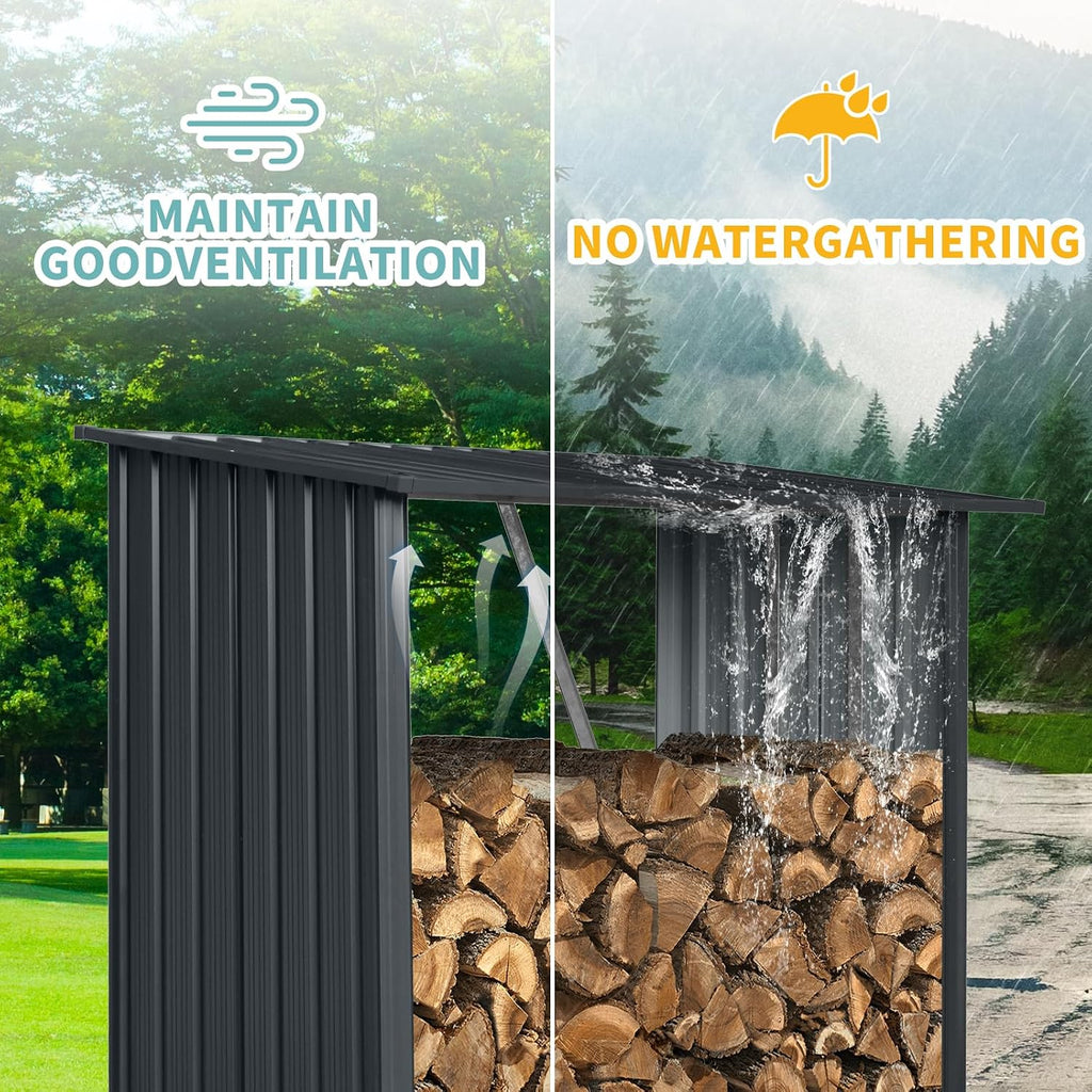 Outdoor Steel Firewood Rack, 3ft x 5ft Weather Resistant Open Wood Shed with Sloped Roof for Firewood, Pellet, or Lumber Storage, Black