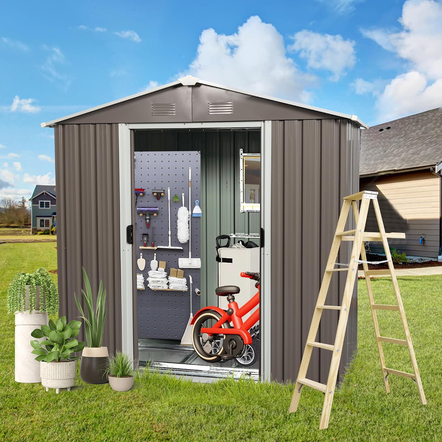 8x4 ft Outdoor Metal Storage Shed with Floor Foundation and Window, Lockable Galvanized Steel Tool Shed with Sliding Door and Air Vent, Waterproof Garden Storage House for Backyard, Patio