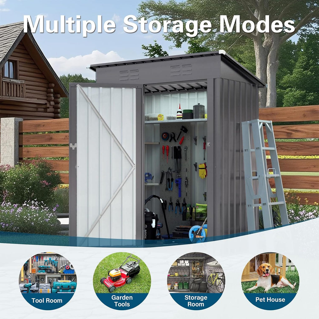 Outdoor Storage Shed 5 x 3 FT Metal Tool Shed with Pitched Roof, Compact Metal Garden Shed Anti-Corrosion Storage House with Lockable Door for Backyard, Patio, Sundries, Gray (Pitched roof)