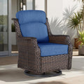 Outdoor Wicker Swivel Rocker Chair with 6-Inch Thick Cushions, High Back Patio Glider Chair, 360° Swivel & Rocking Motion for Porch, Deck, Balcony, Poolside, Brown/Blue