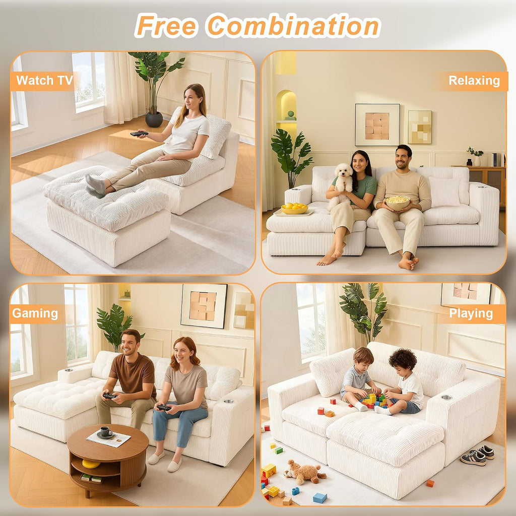Modular Cloud 3 Seater Boneless L-Shaped Sectional Sofa, Comfy Modern Design with Ergonomic Support & Free Combination for Living Room/Bedroom/Apartment (Light Beige)