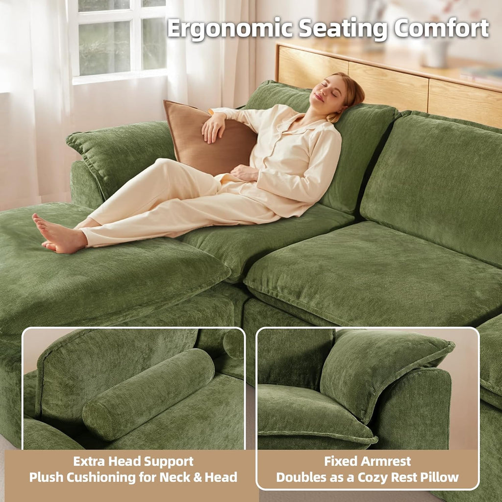 HALLYBEE 112' Cloud Couch Sectional with Padded Armrests & Moveable Ottoman Boneless Sectional Couches for Living Room Green Couch, No Assembly Required