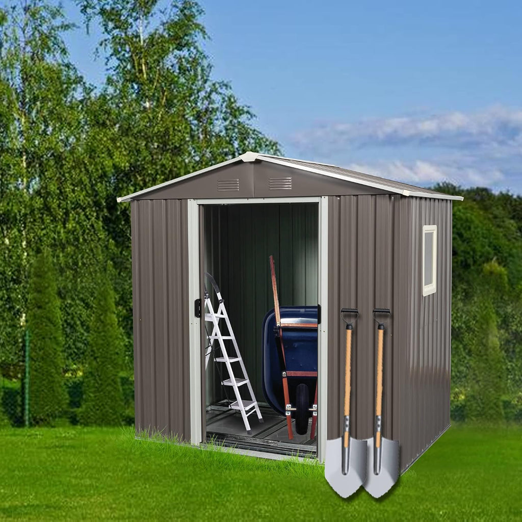 6x5 ft Outdoor Metal Storage Shed with Floor Foundation and Window, Lockable Galvanized Steel Tool Shed with Sliding Door and Air Vent, Waterproof Garden Storage House for Backyard, Patio