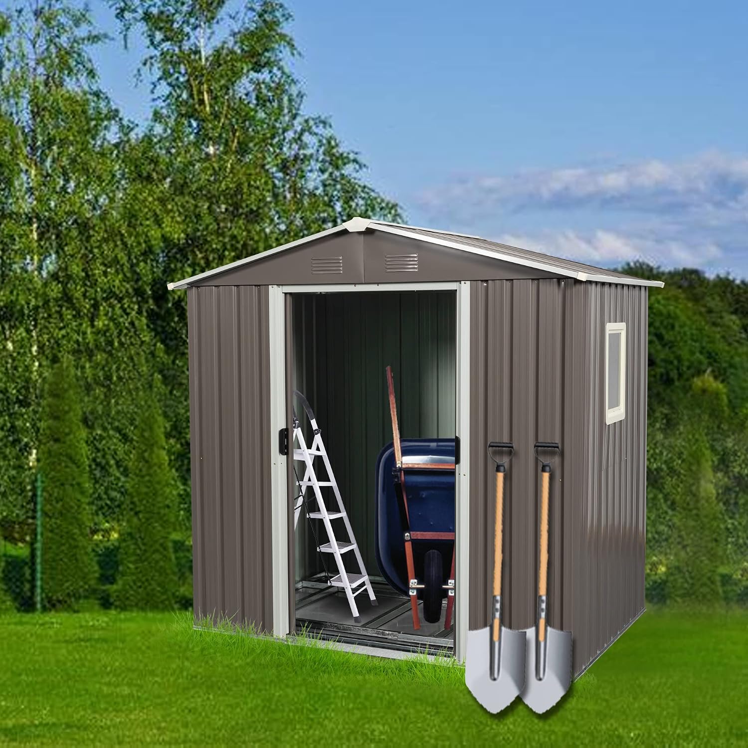 6x5 ft Outdoor Metal Storage Shed with Floor Foundation and Window, Lockable Galvanized Steel Tool Shed with Sliding Door and Air Vent, Waterproof Garden Storage House for Backyard, Patio
