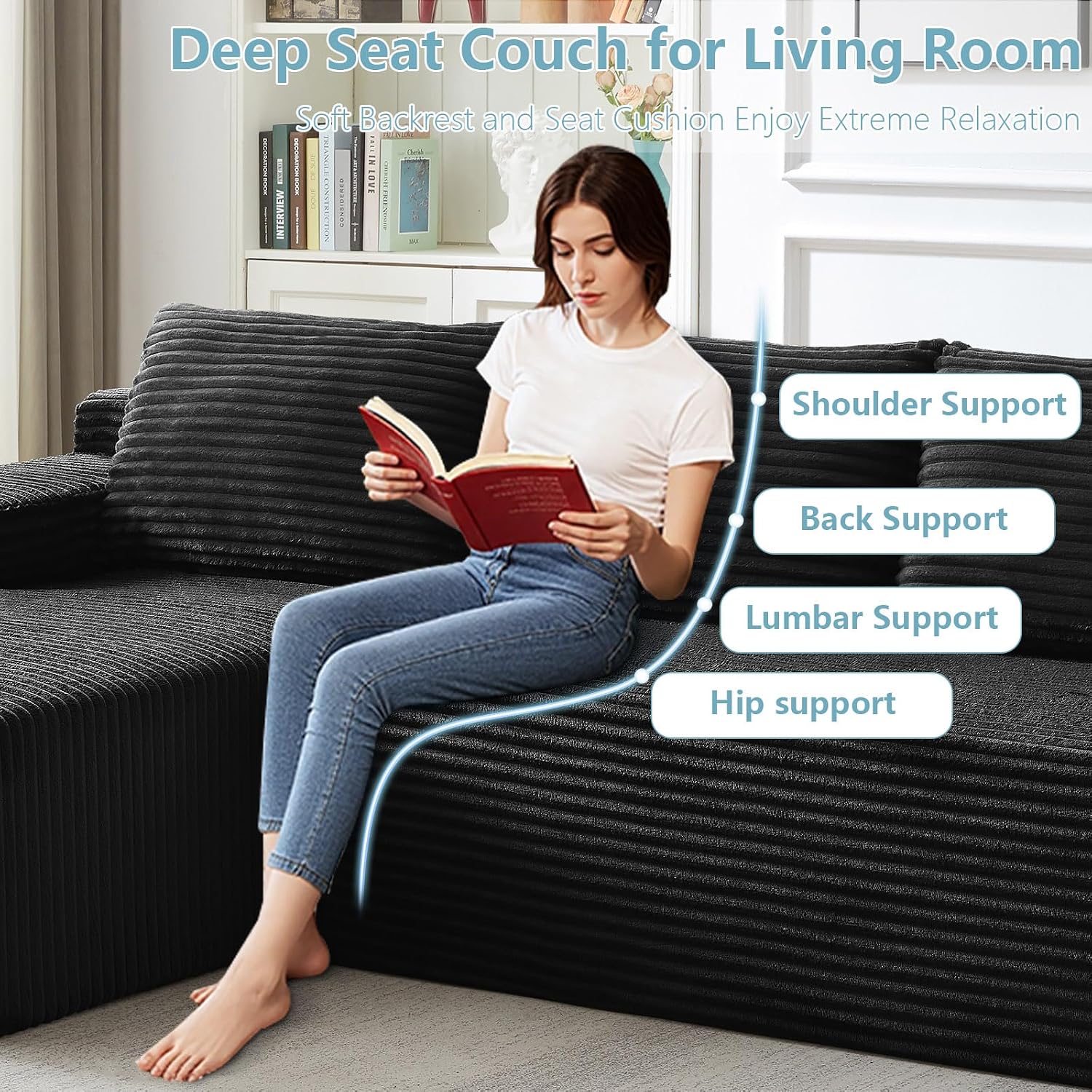 96' Cloud Sectional Couch with L-Shape Chaise, Modern Corduroy Boneless Couch for Living Room,Memory Foam Sofa with Deep Seat,No Assembly Required (Black,Left-Facing Chaise)
