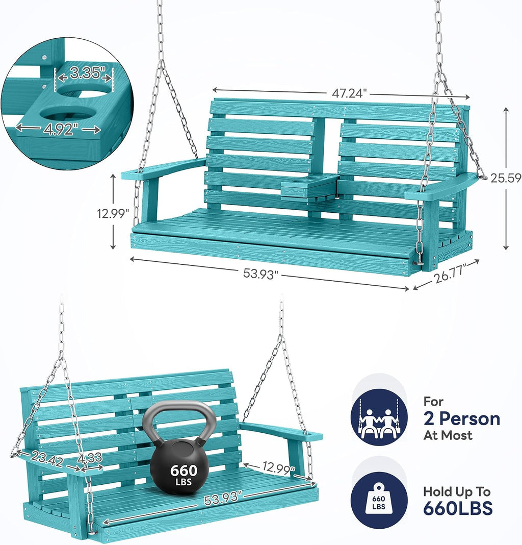 KINGYES Outdoor Hanging Porch Swing Set of 2, 2 Seat Patio Swing Recliner with Cup Holders, Waterproof Swing Recliner Bench for Courtyard & Garden, 660LBS Weight Capacity, Aruba Blue