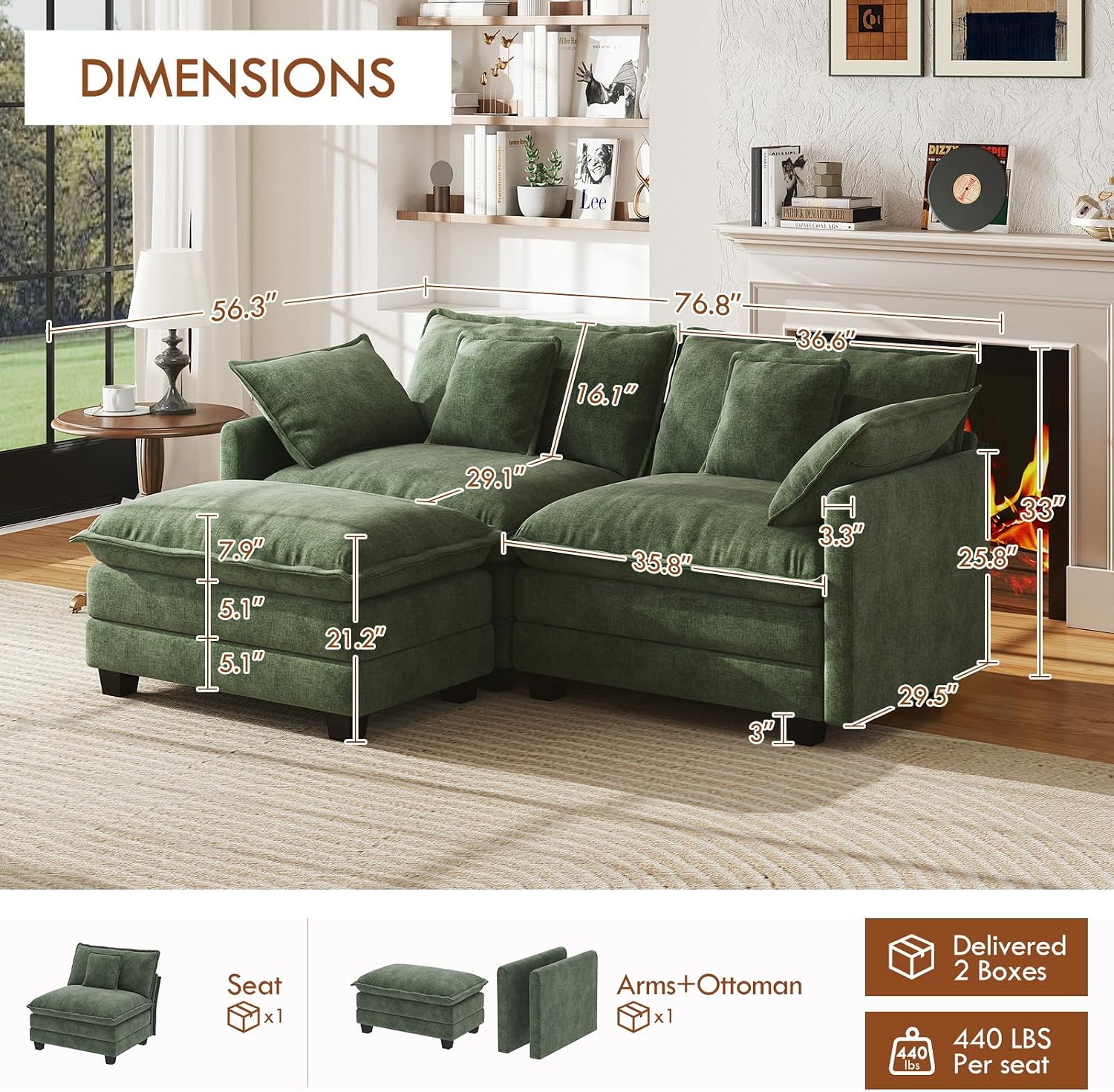 WorthFurni 77 Inch L Shape Cloud Sofa, Modular Sectional Couch with Ottoman, Comfy Chenille Deep Seat Loveseat with Pillow for Living Room Bedroom Apartment (Green)