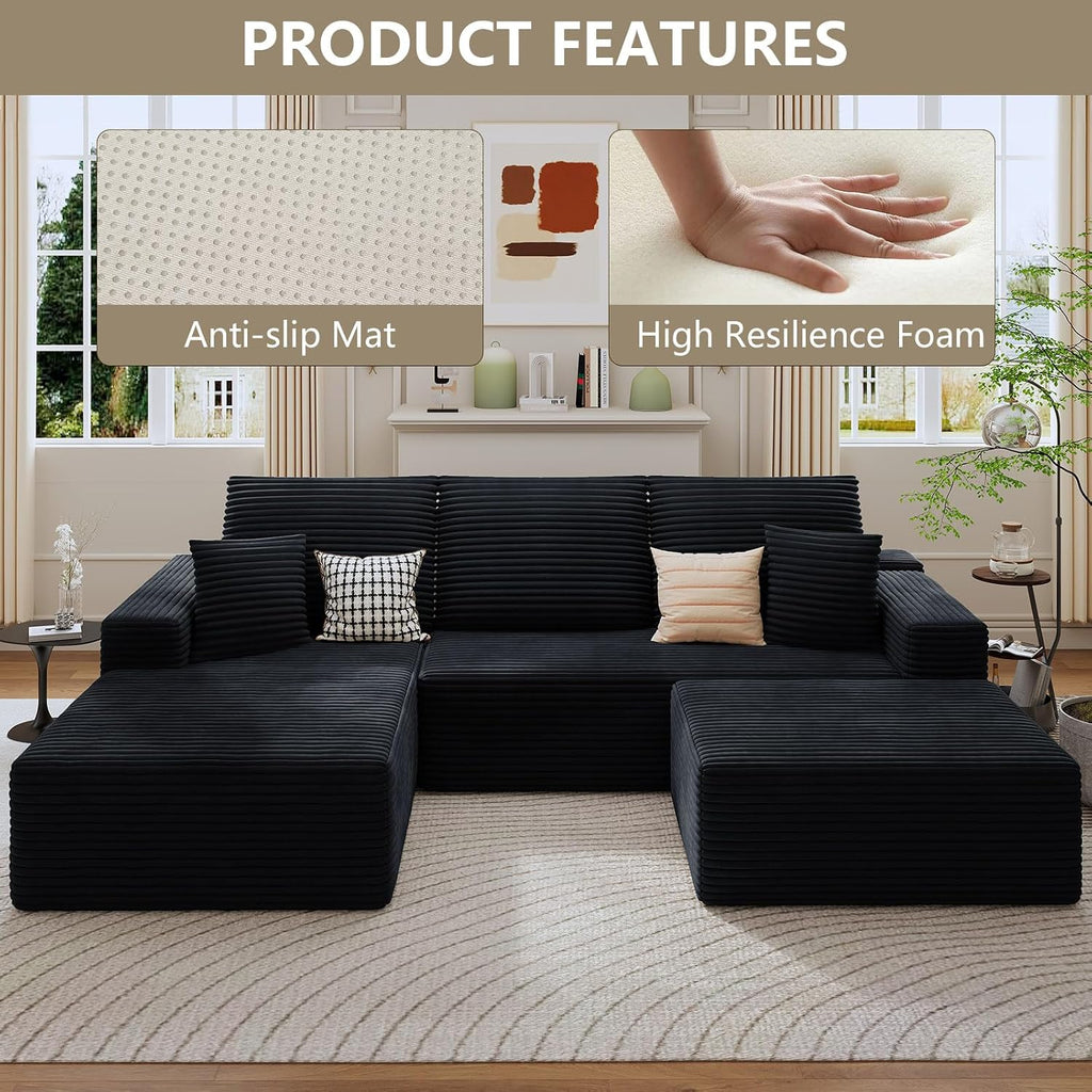 107' Cloud Sectional Couch with U-Shaped Chaise, Corduroy Sectional Sofa with Ottoman, Boneless Couch with Deep Seat in a Box for Living Room, No Assembly Required (Black, Left Facing Chaise)