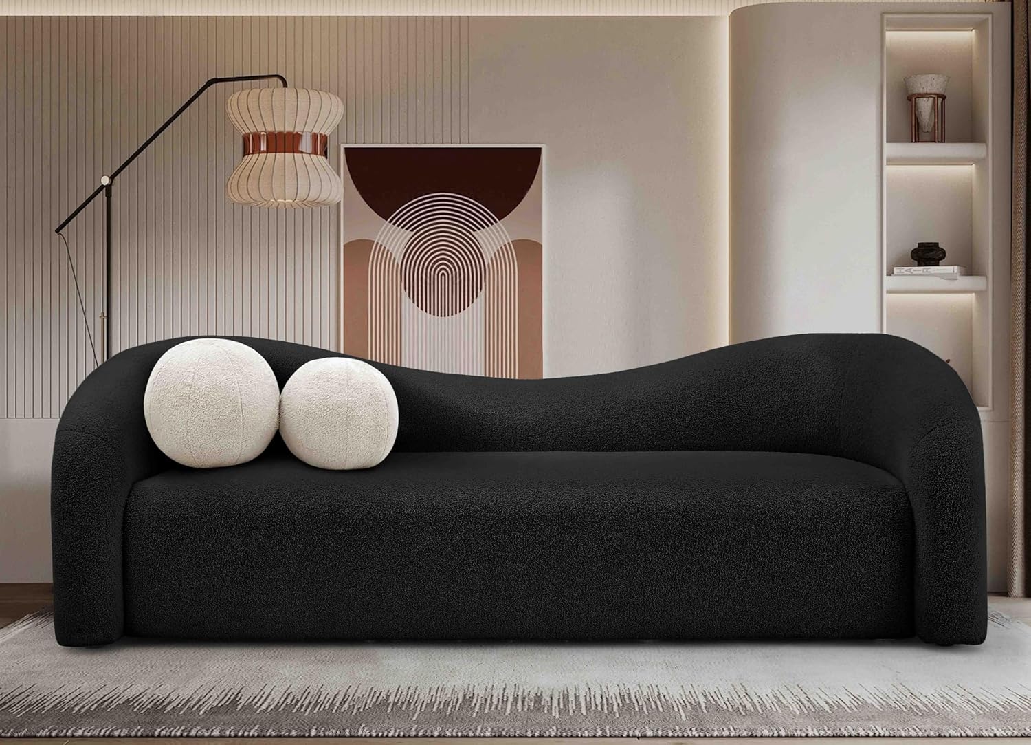 Meridian Furniture 186Black-S Kali Collection Modern | Contemporary Sofa with Soft Black Faux Shearling Teddy Fabric, Curved Back, 86' W x 33' D x 27' H, Black