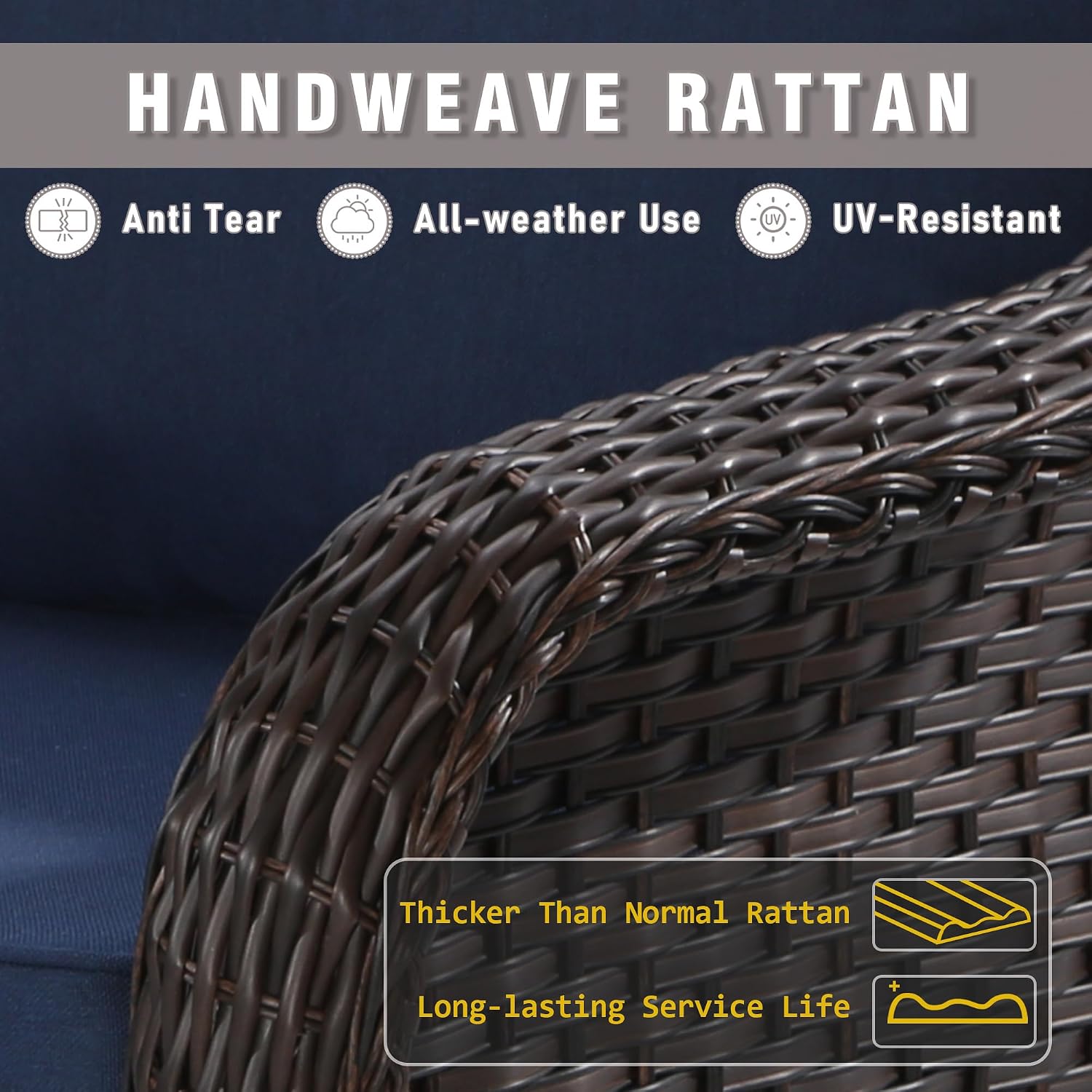 77 inch Outdoor Wicker 3 Seater Sofa, All-Weather Use Patio Rattan Sofa with Seat and Back Cushion, Ideal for Porch, Backyard, Balcony, Poolside, Blue