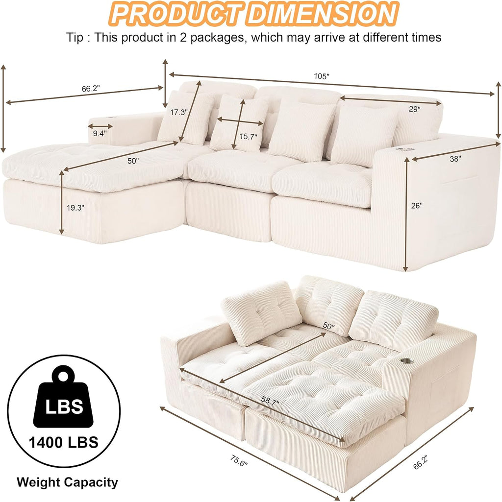 Black L Shaped Modular Cloud Sectional Sofa, Comfy 3 Seater Sectional Couches for Living Room with Cup Holders, Modern L Shape Sofa Set for Living Room Bedroom (Beige)