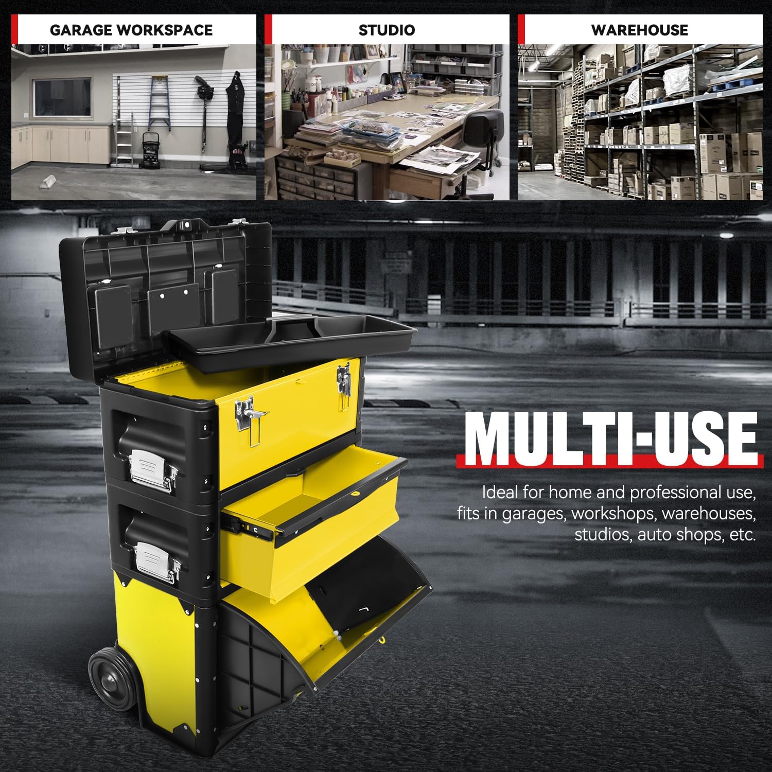 Auto Dynasty 3-Tier Stackable Tool Box, 19.5 Inch 3-in-1 Rolling Tool Box with Wheels, Portable Steel and Plastic Rolling Upright Trolley Toolbox Organizer for Garage Workshop, 3-Piece Set, Yellow