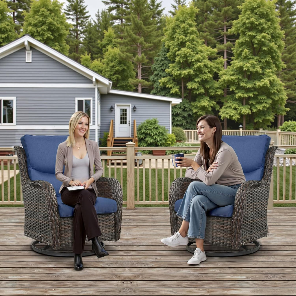 Outdoor Swivel Rocker Patio Chairs Set of 4-5' Thick Cushion 4 Piece Furniture Set All Weather Comfortable Wicker Conversation Set for Porch Poolside and Deck - Brown/Blue