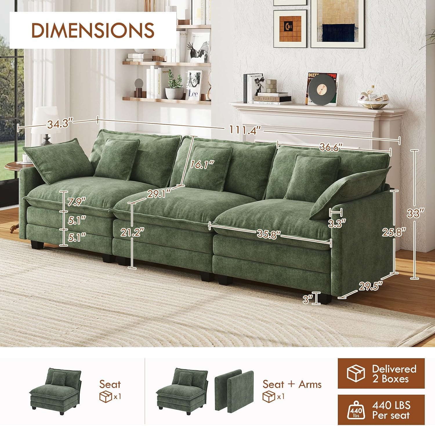 WorthFurni 111.4' Cloud Couch, Modular Sectional Sofa, Comfy Modern 3-Seater Couches with Pillows & Upholstered Deep Seat Cushion for Living Room Apartment Bedroom (Green)