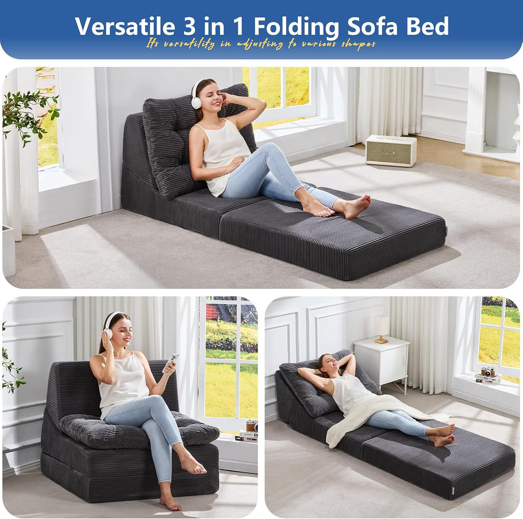 Hobestluk Sofa Couch Folding Sofa Bed Comfy Floor Lounger Convertible Sofa with Removable Cushion Couches for Small Spaces Foldable Mattress for Living Room Bedroom or Office (Cordury Grey, Large)