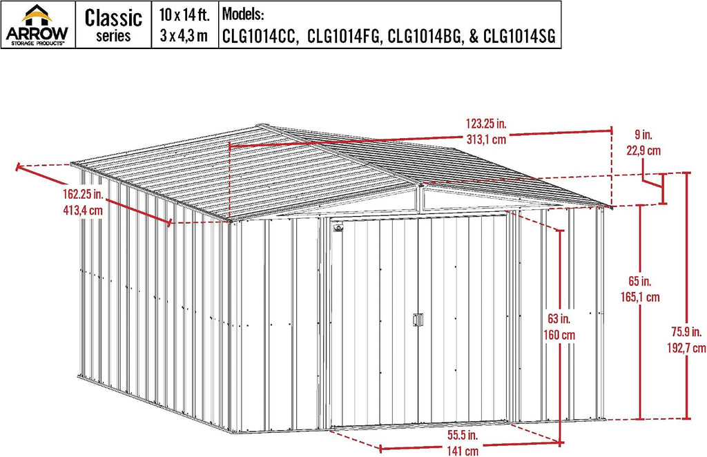 Arrow Classic Steel Storage Shed, 10x14, Blue Grey