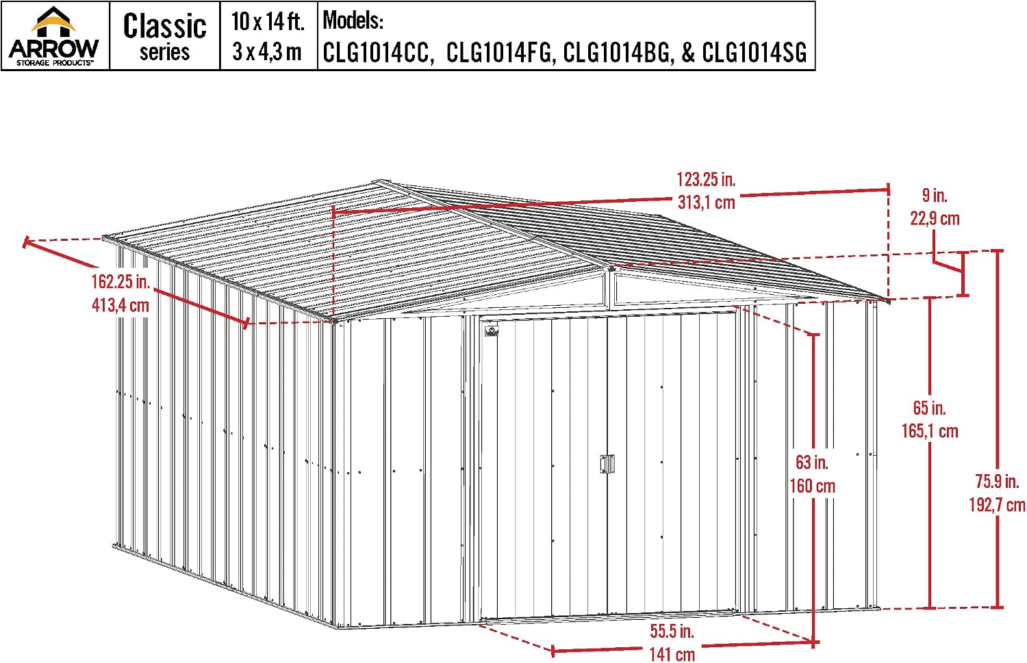 Arrow Classic Steel Storage Shed, 10x14, Blue Grey