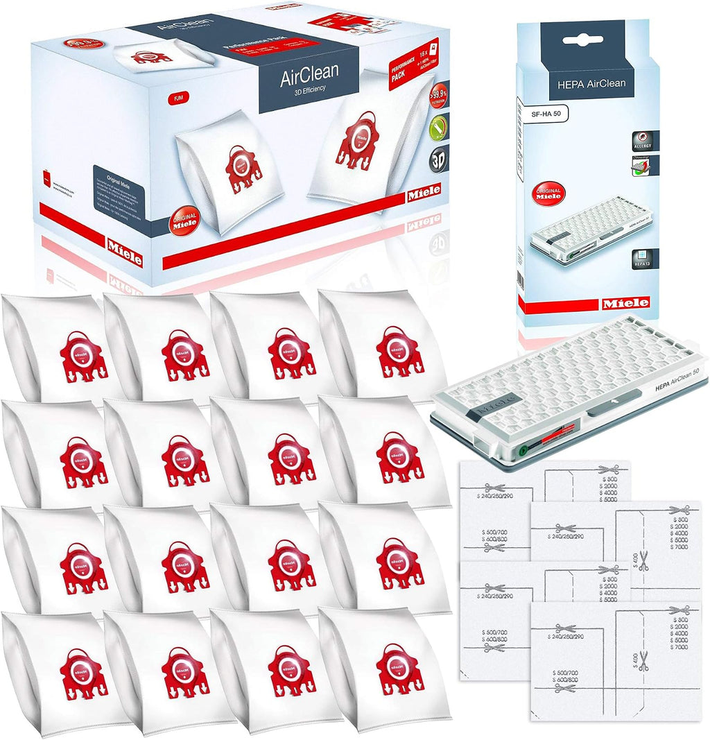 Miele Performance Pack 16 Type FJM AirClean 3D Efficiency Genuine FilterBags + Genuine AH50 HEPA Filter + 4 Genuine Pre-Motor Protection Filters