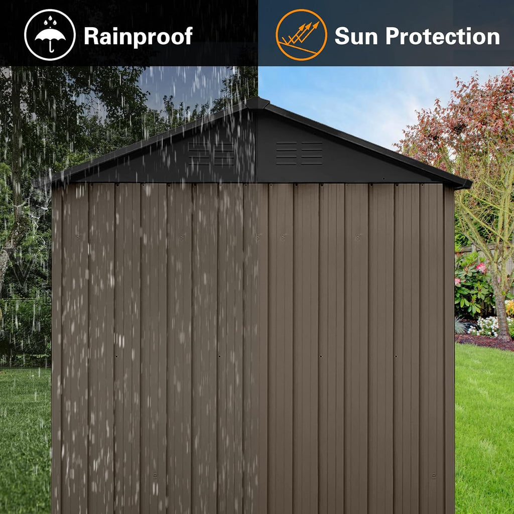 Ball & Cast 6x8 FT Metal Frame Garden Sheds with Lockable Doors and Window,Outdoor Single-Storey Roofed Storage Shed,w/Waterproof Roofs,for Storing Bicycles,Lawnmowers,Barbeques,Brown
