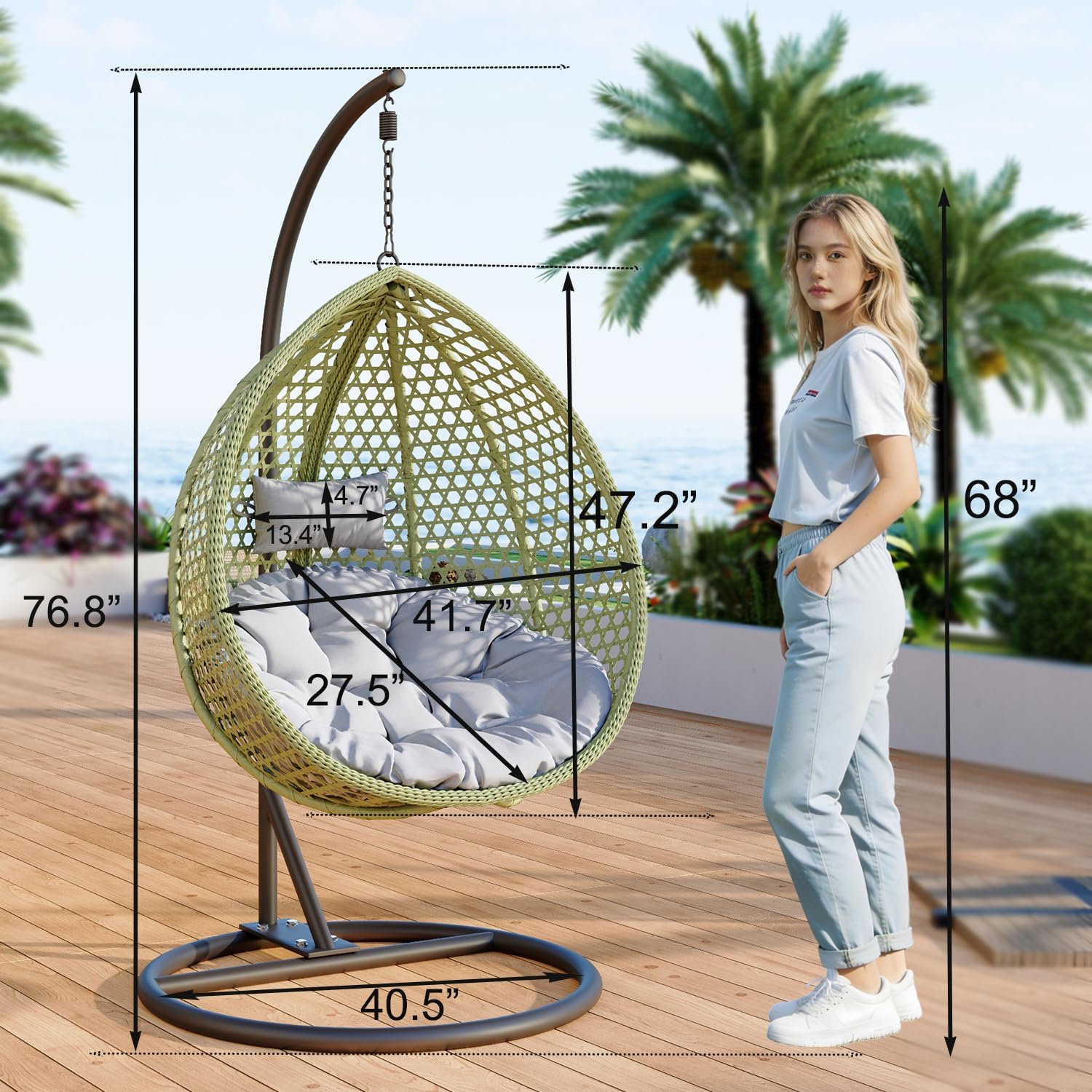 Egg Swing Chair Outdoor with Stand, Hanging Egg Rattan Basket Chair with Cushion and Pillow, Swinging Egg Chair, Foldable Basket and Metal Stand for Porch, Patio, Bedroom, Balcony,Yard (Green)