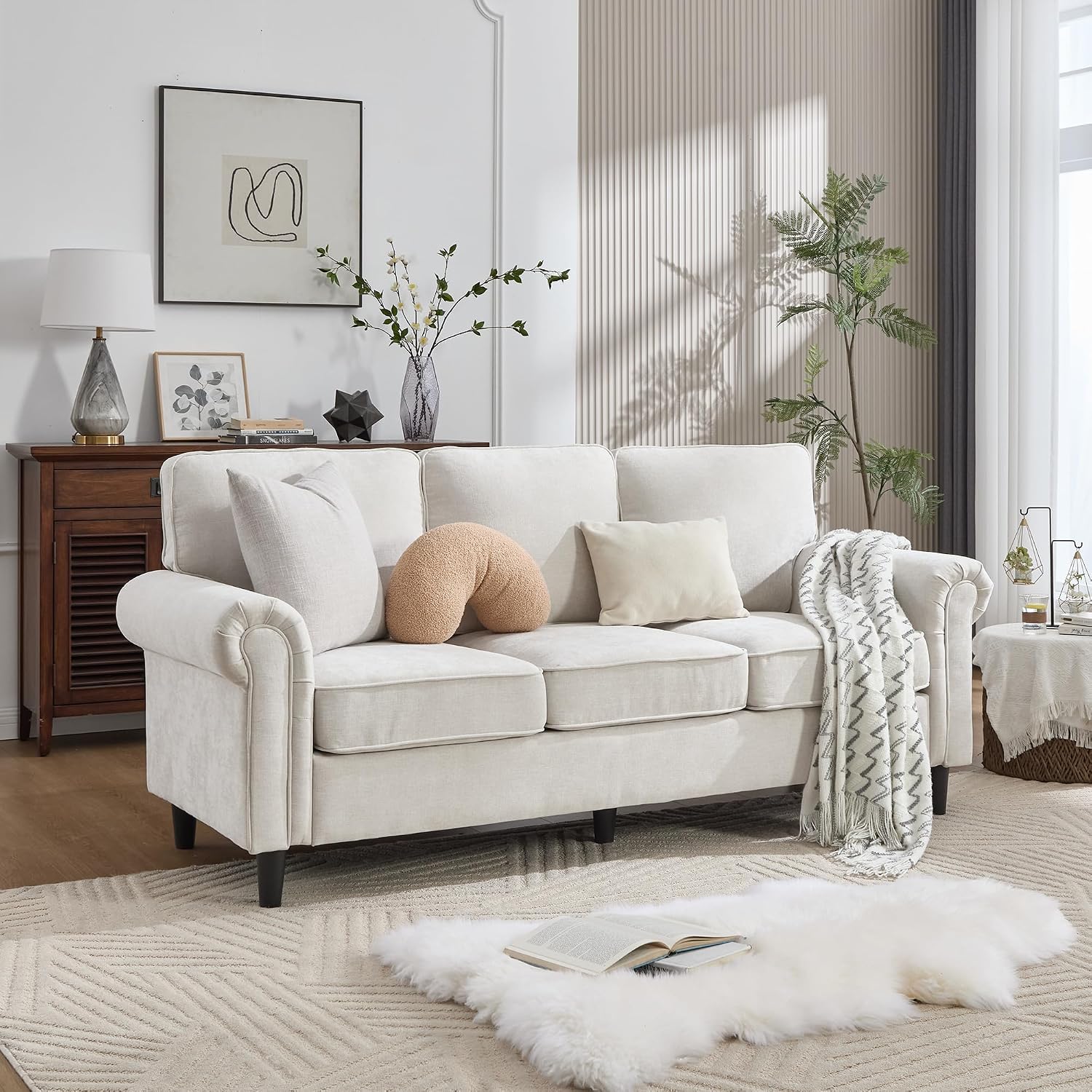 Kingfun 3 Seater Couch, Mid Century Modern Sofa with Rolled Arms and Deep Seats, Fluffy Comfort for Living Room, Apartment, Easy Assembly, Beige