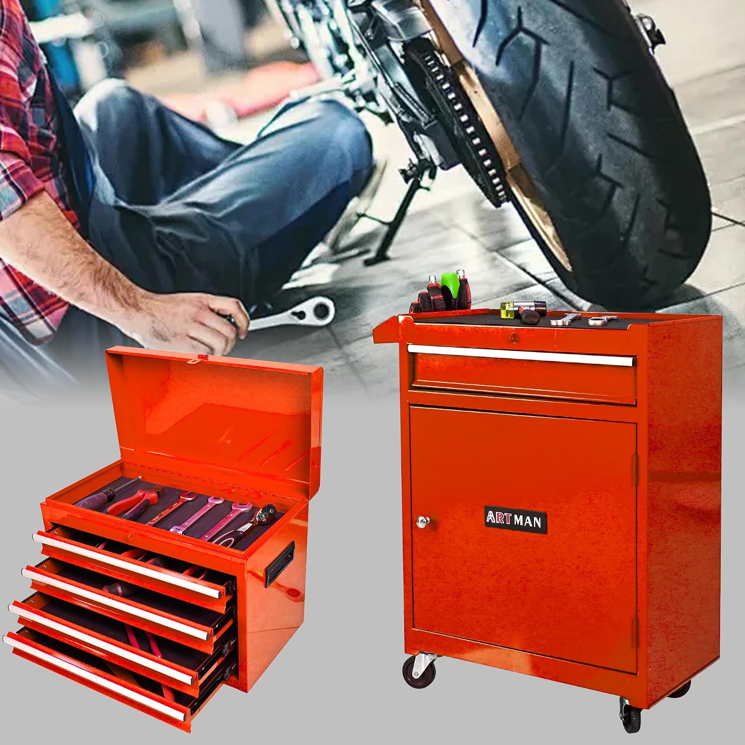 5-Drawer Tool Chest, Rolling Tool Box with Detachable Top Toolbox & Universal Wheels, Tool Cabinet with Lock Bar, Protective Liner & Tool Rack, Metal Storage Cart for Garage,Workshop (Orange)