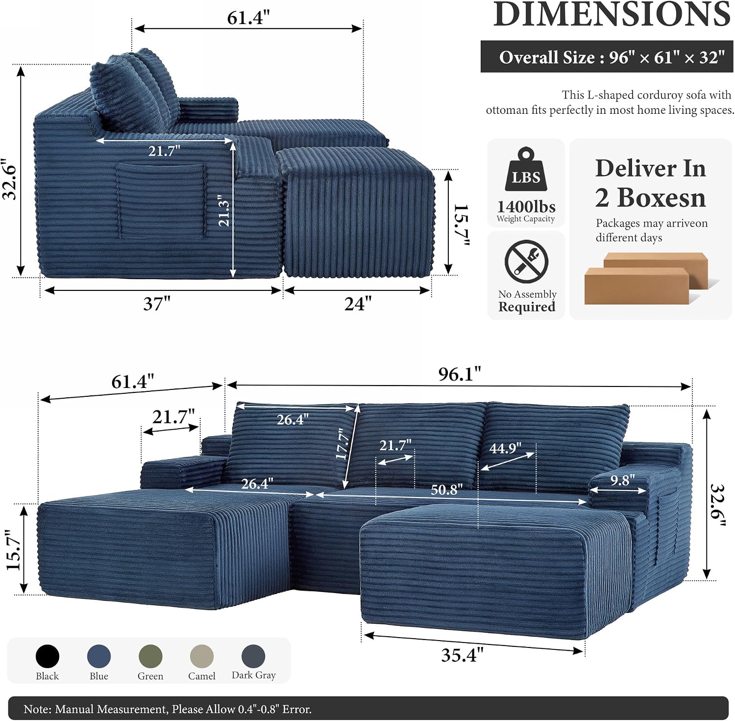 96' Sectional Couches for Living Room Cloud Couch Sofa with L-Shape Upholstered Boneless Couchs Modern Modular Sectional Couch with Chaise (Bule, 96' W+Left Facing Chaise+2Seaters+Ottoman)