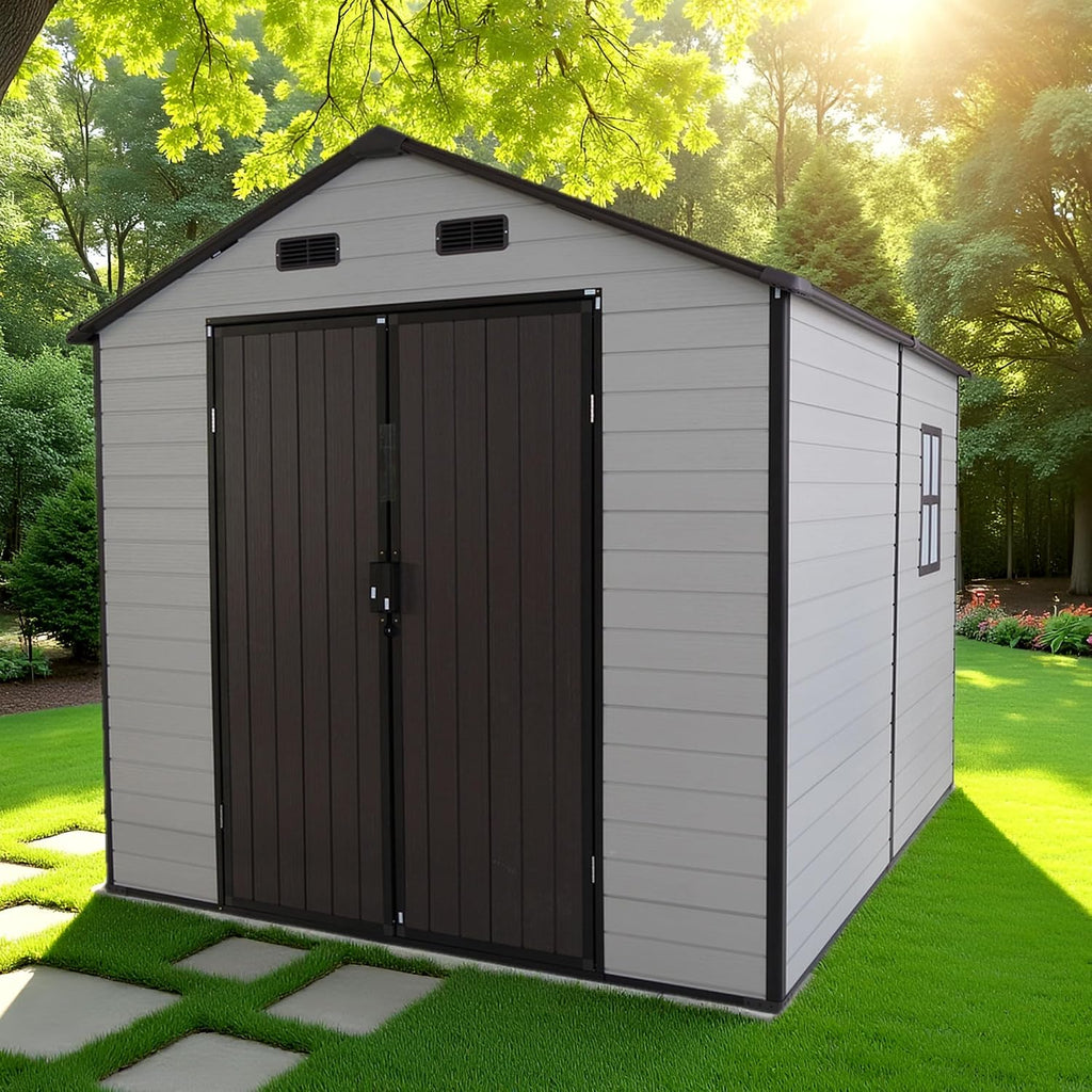 Outdoor Storage Shed, 8x8x7.6FT Plastic Storage Shed with 2 Windows and Strong Aluminum Frame for Garden Tools, Bike, Lawnmower, White and Brown