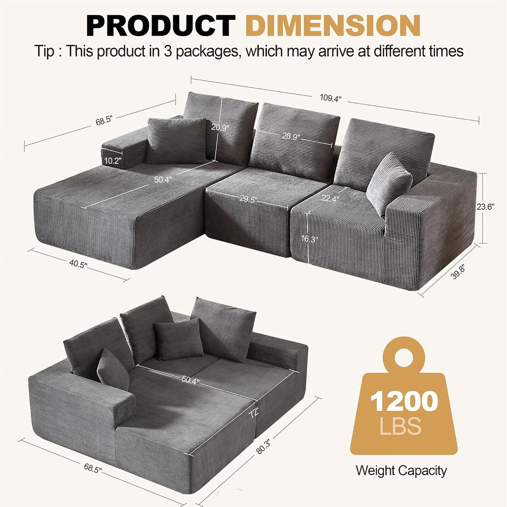 109.4' Oversized Modular Sectional Sofa with Chaise, Convertible L Shaped Cloud Couch with Deep Seat, 35D Full Foam Compressed Boneless Couches for Living Room, Bedroom, Office, No Assembly Required