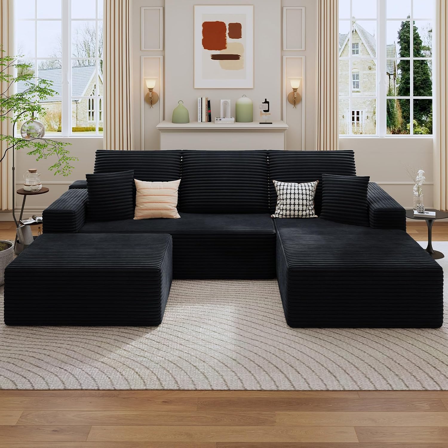 107' Cloud Sectional Couch with U-Shaped Chaise, Corduroy Sectional Sofa with Ottoman, Boneless Couch with Deep Seat in a Box for Living Room, No Assembly Required (Black, Right Facing Chaise)