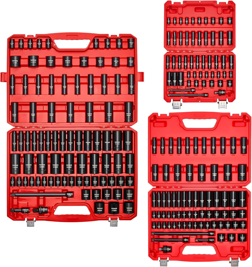 VEVOR 1/4 & 3/8 & 1/2 Inch Drive Impact Socket Set, 210-Piece Metric and Standard Full Sockets, Deep & Shallow, CR-V, 6 Point, Extension Bars, Universal Joint, Three Carrying Cases