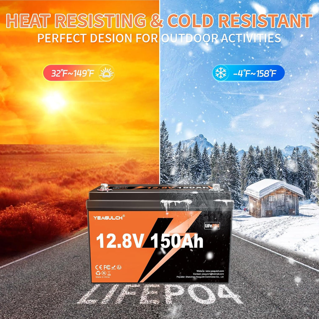 2X 12V 150Ah LiFePO4 Lithium Battery Built-in 100A BMS 1920Wh 15000+ Deep Cycle Rechargable Low Temp Cut Off Battery for Camping, Solar, RV, Marine, Off-Grid Applications