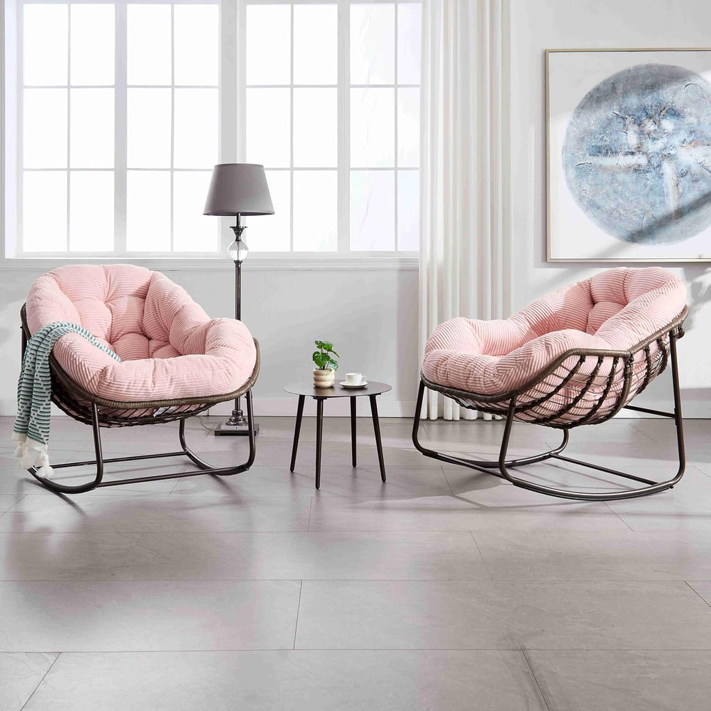 Wicker Outdoor Rocking Chair Rattan Egg Chair with Thick Cushion 30° Smooth Rocking Patio Lounge Reclining for Indoor Outdoor Use Living Room Front Porch Balcony Lawn Garden, Pink