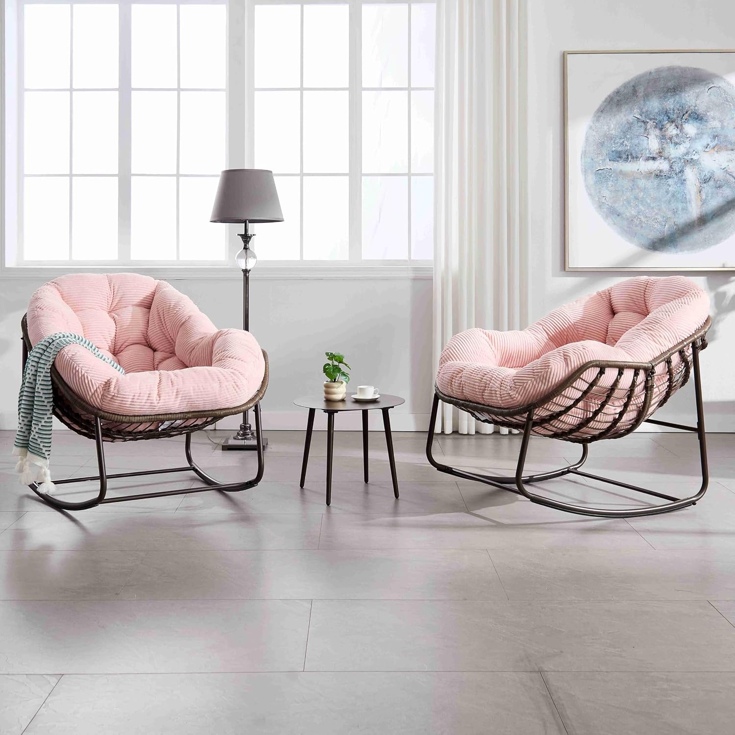 Wicker Outdoor Rocking Chair Rattan Egg Chair with Thick Cushion 30° Smooth Rocking Patio Lounge Reclining for Indoor Outdoor Use Living Room Front Porch Balcony Lawn Garden, Pink