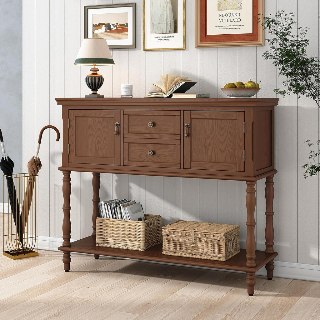 ARTPOWER Console Table for Entryway, Retro Wooden Table with Storage, 2 Doors & Drawers and Open Shelf, Behind Couch Sofa Table for Living Room, Foyer, Hallway, Brown
