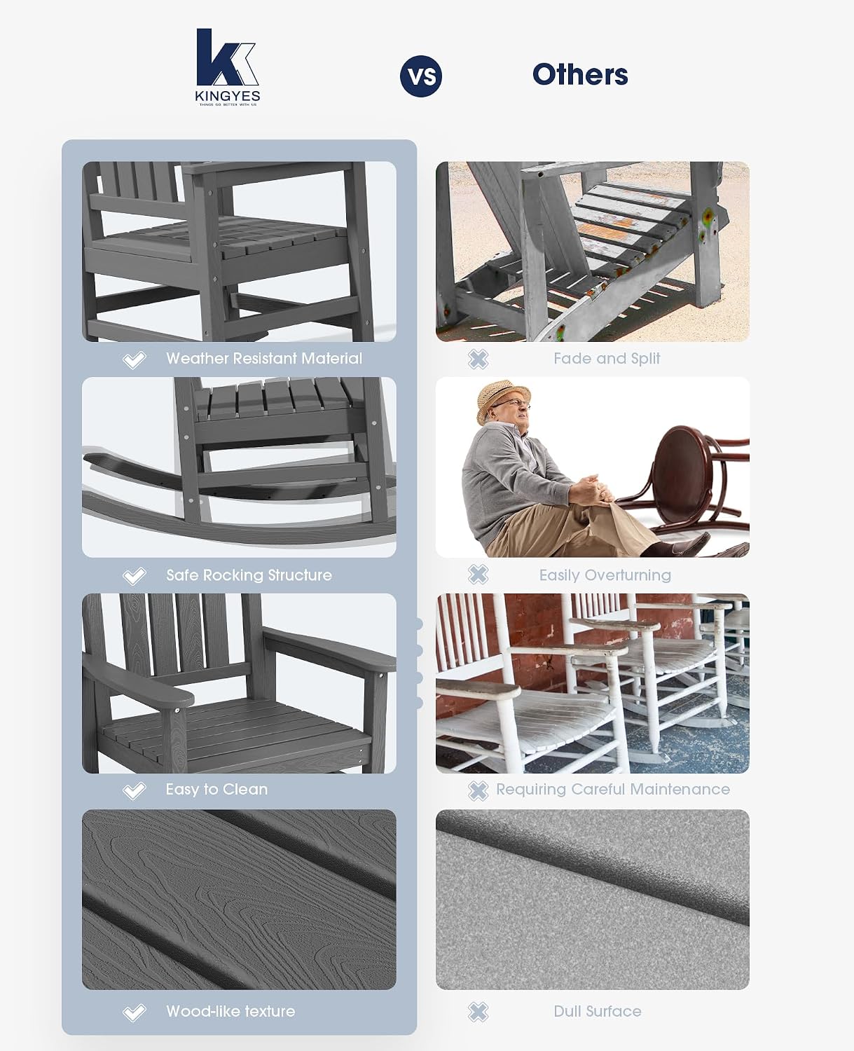 KINGYES Oversized Outdoor Rocking Chair with Cushion, All-Weather Patio Rocking Chairs, HDPE Porch Rocker for Adults, 350 lbs Capacity, Grey Chair with Flower Cushion