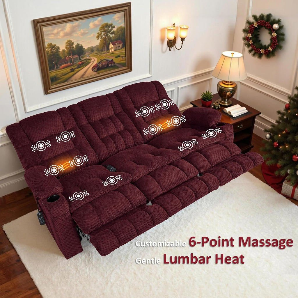 MCombo 80.7' W 3 Seater Power Reclining Sofa with Heat and Vibration Massage, Zero Gravity Recliner Sofa Couch for Living Room, Fabric 6316M3 (Burgundy, 3-Seater)