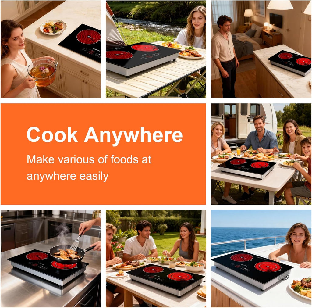 Dual Coils Design of Double Burner Electric Cooktop, 1800W Commercial Ceramic Infrared Cooking Hot Plate, Portable Countertop or 24in Built-in Radiant Stove Top Cooker with WATT n TEMP Heating Control