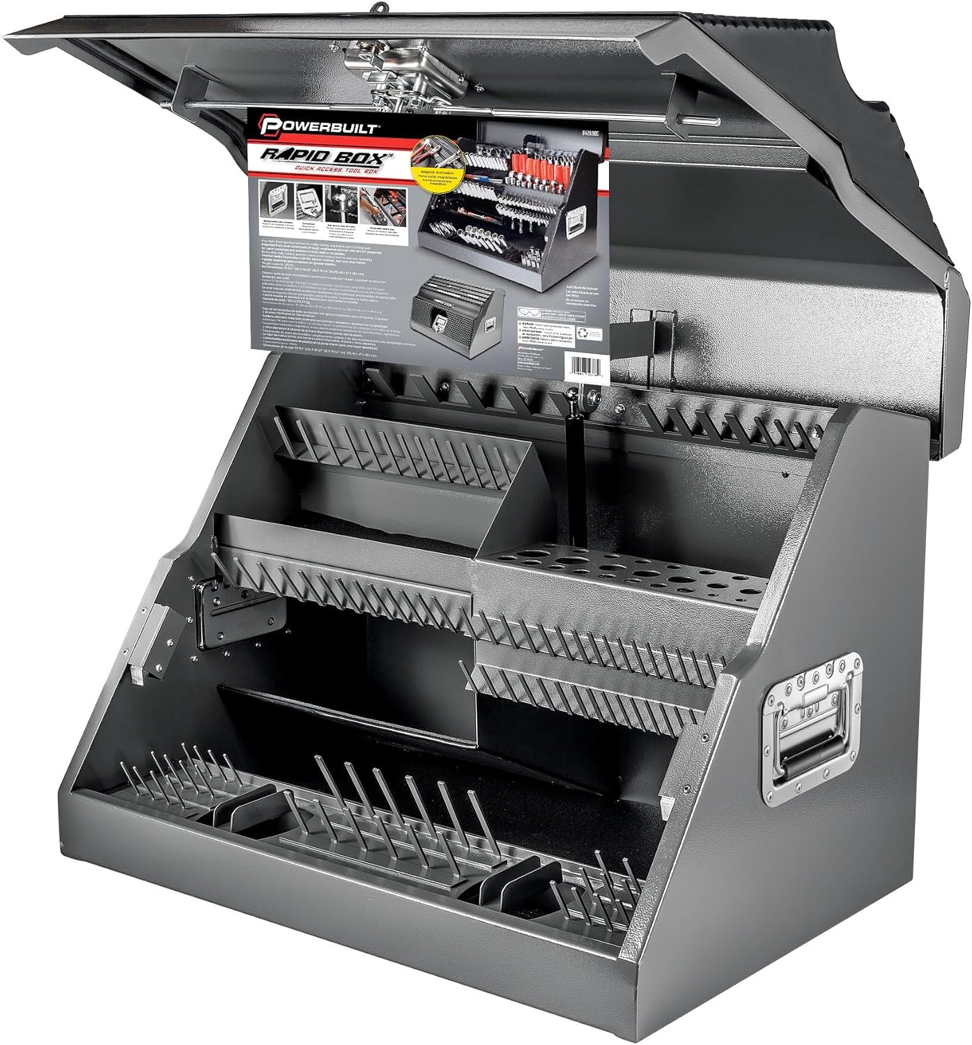 Powerbuilt 26 Inch Portable Slant Front Rapid Toolbox Tiered Tool Holders, 16 Gauge Steel, Weather-Resistant Lockable Magnetic Lid, Grey - 240102