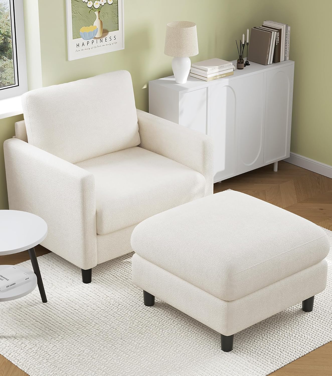 Welzona Sofa Accent Chair with Ottoman, 33' Reading Chair and Ottoman Set for Bedroom, Tool-Free Setup Living Room Accent Chairs, Comfy Arm Chairs Living Room, All-Wood Reading Nook, Beige