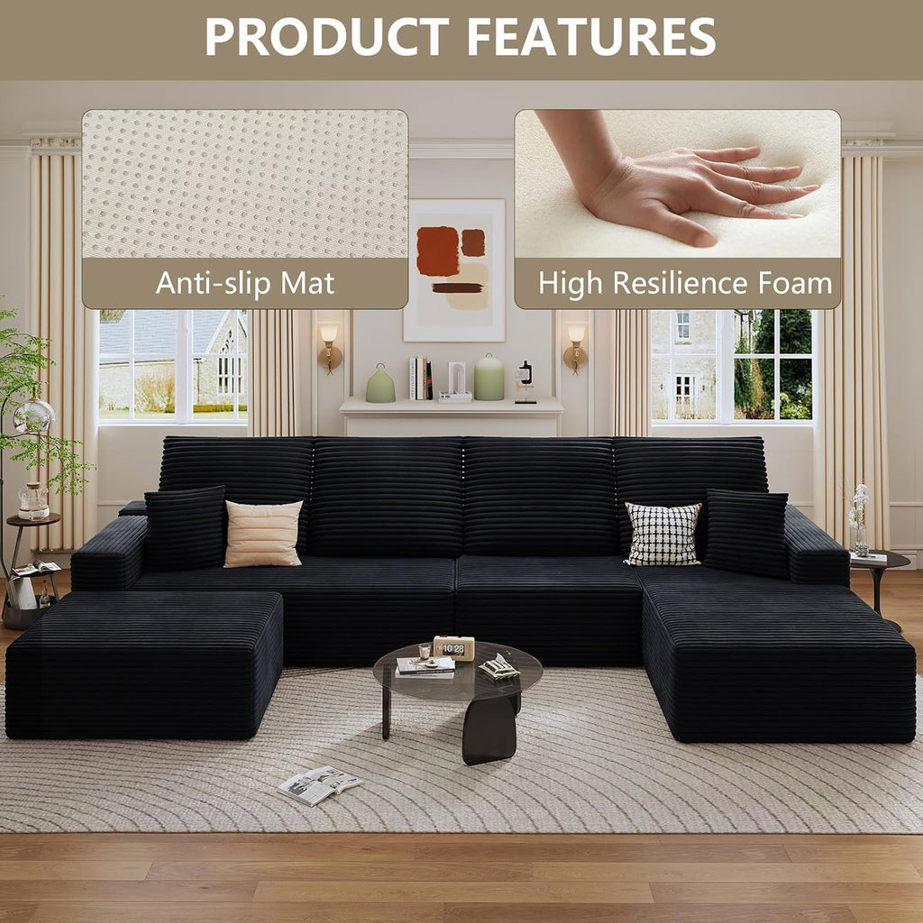 135' Cloud Sectional Couch with U-Shaped Chaise, Corduroy Sectional Sofa with Ottoman, Boneless Couch with Deep Seat in a Box for Living Room, No Assembly Required (Black, Right Facing Chaise)