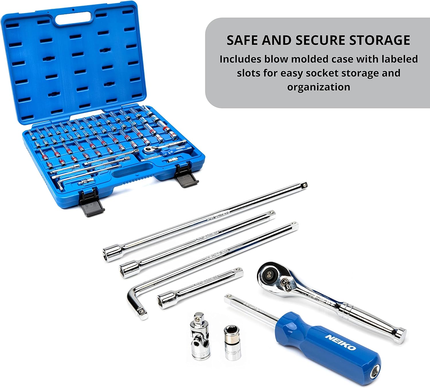 Neiko 02514A 1/4 Inch-Drive Ratchet and Small Socket Set, 58-Piece, Chrome Vanadium Steel, Multi-color