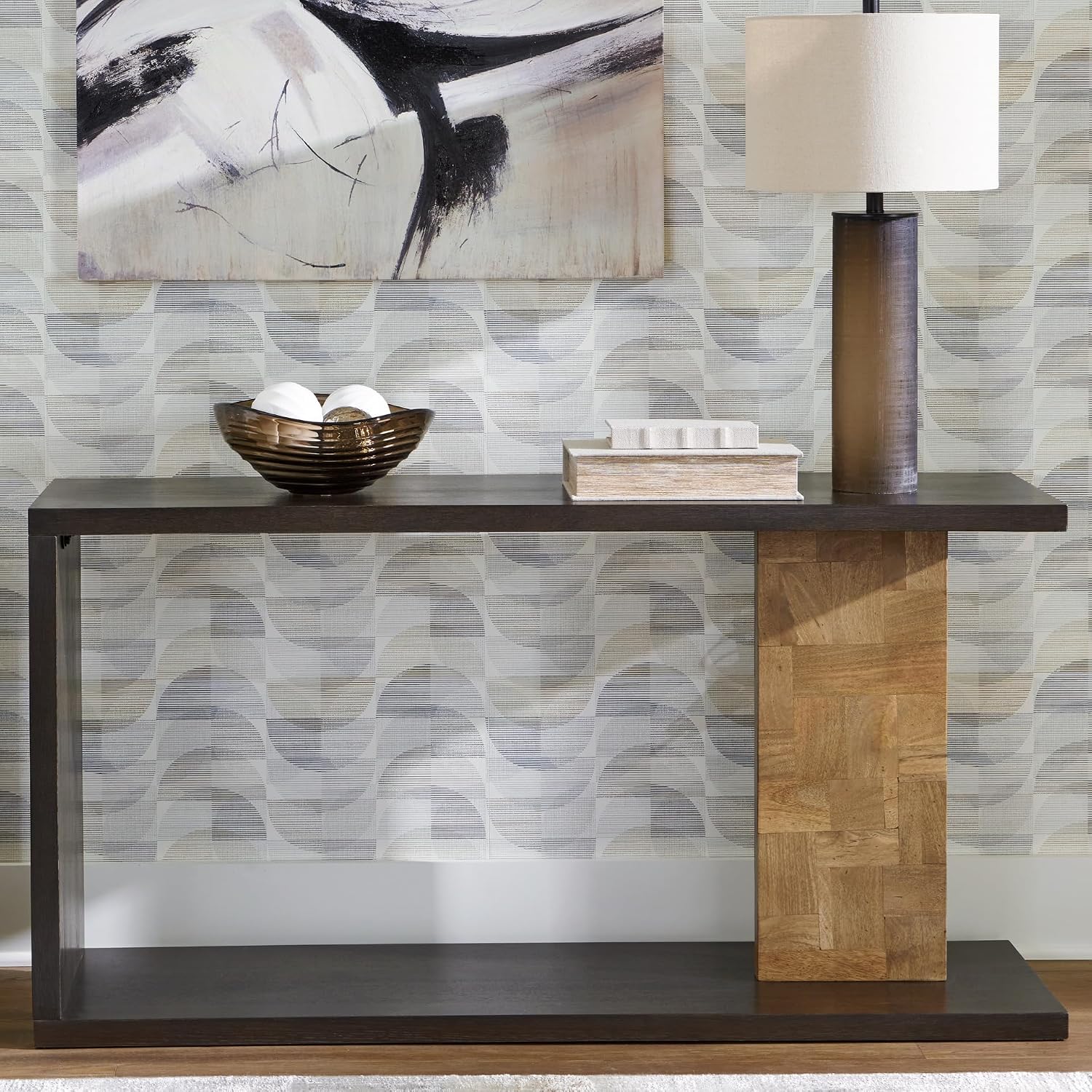 Signature Design by Ashley Camlett Contemporary Console Sofa Table with Shelf and Patchwork Patterned Support Post, Dark Brown & Light Brown