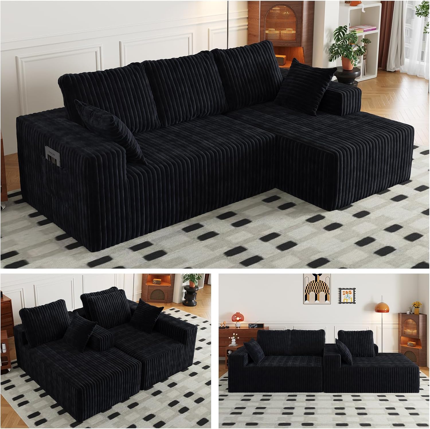 96' Modular Sectional Cloud Couch for Living Room Deep Seat L Shapes Boneless Couch with Oversized Chaise Lounge, Comfy Memory Foam Flannel Fabric Sofa for Bedroom Apartment, No Assembly Required