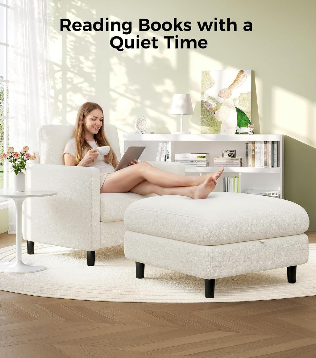 Welzona Sofa Accent Chair with Ottoman, 33' Reading Chair and Ottoman Set for Bedroom, Tool-Free Setup Living Room Accent Chairs, Comfy Arm Chairs Living Room, All-Wood Reading Nook, Beige