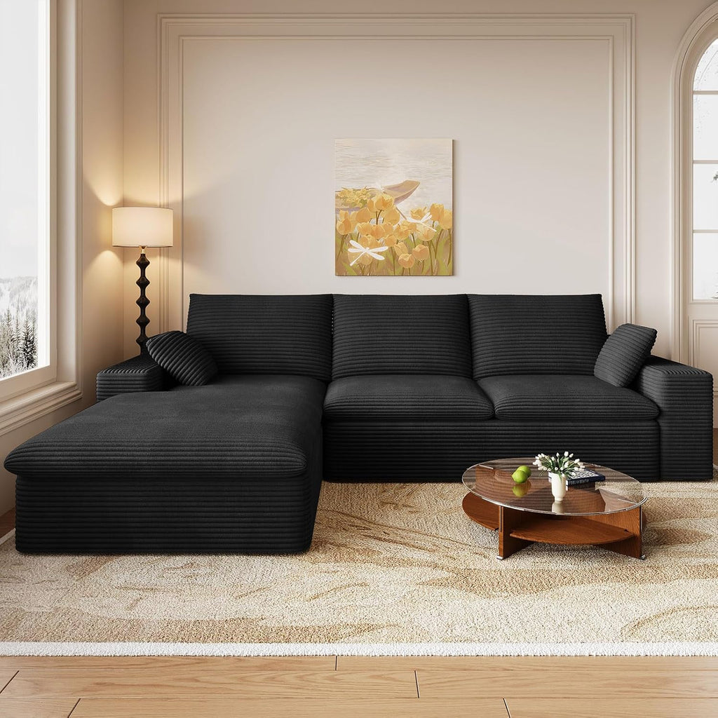 107' Cloud Couch Modular Sectional Sofa for Living Room, L-Shape Boneless Couch with Deep Seat, Modern Corduroy 3-Seater, No Assembly Required (Black,Left-Facing Chaise)