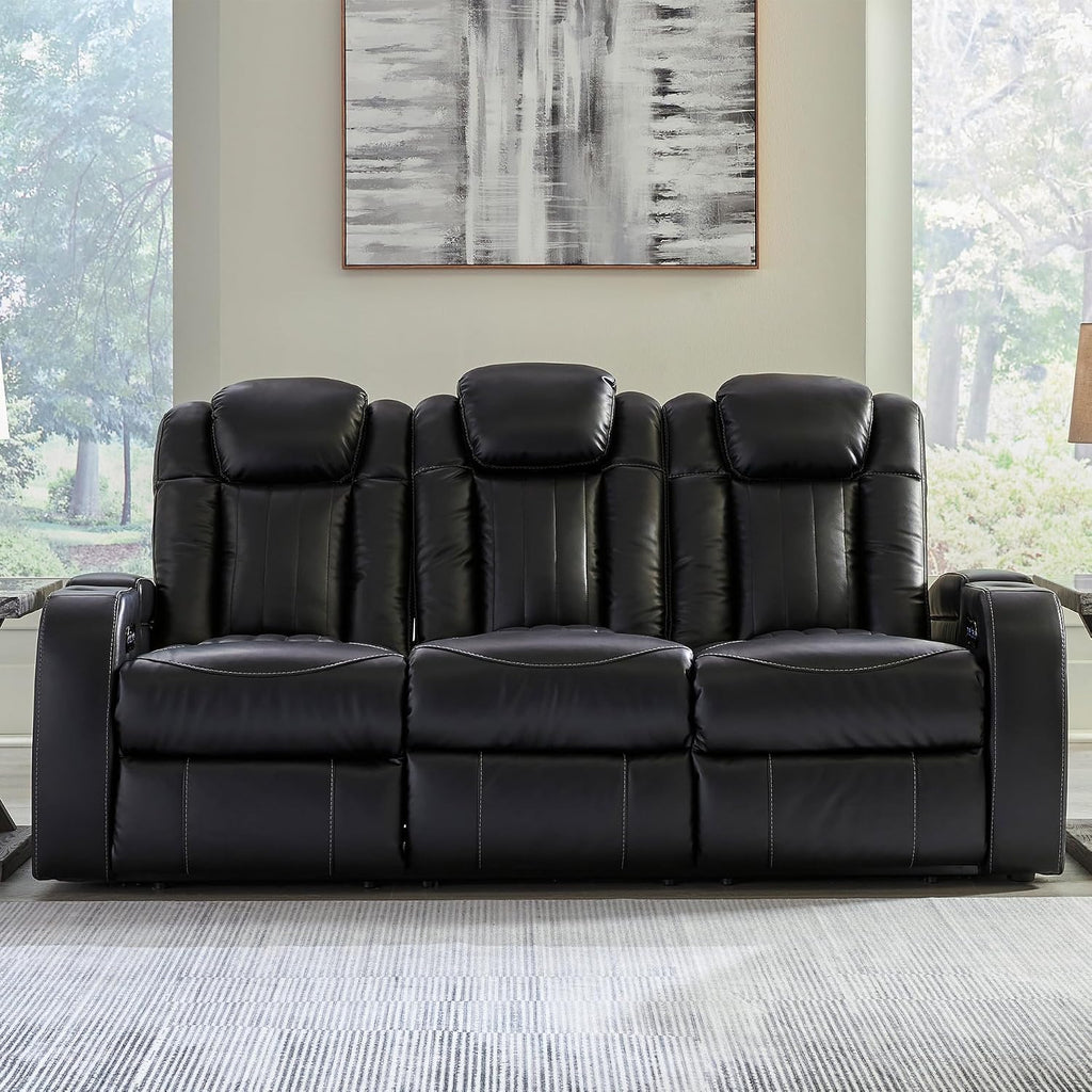 Signature Design by Ashley Caveman Den Modern Faux Leather Power Reclining Sofa with Adjustable Headrest, Drop Down Table, Electrical Outlets and LED Reading Lights, Black