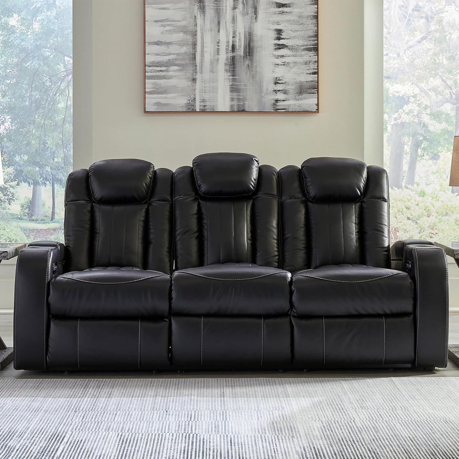Signature Design by Ashley Caveman Den Modern Faux Leather Power Reclining Sofa with Adjustable Headrest, Drop Down Table, Electrical Outlets and LED Reading Lights, Black