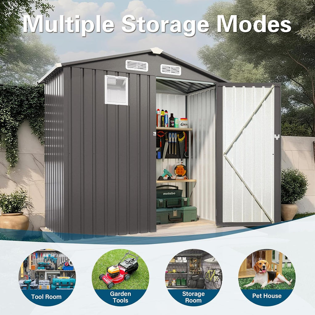 Outdoor Storage Shed 6 x 3.6 FT Metal Tool Shed with Peaked Roof, Metal Garden Shed Anti-Corrosion Storage House with Clear Window, Lockable Door for Backyard, Patio, Sundries, Gray (Clear Window)
