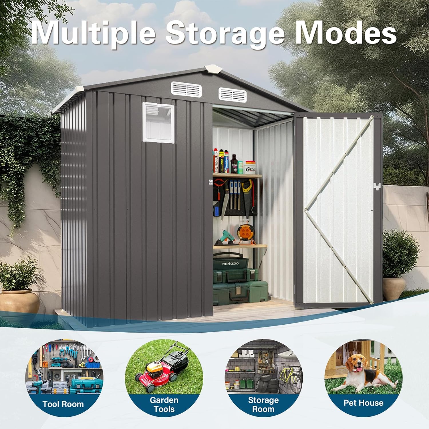 Outdoor Storage Shed 6 x 3.6 FT Metal Tool Shed with Peaked Roof, Metal Garden Shed Anti-Corrosion Storage House with Clear Window, Lockable Door for Backyard, Patio, Sundries, Gray (Clear Window)